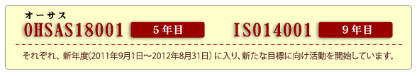 OHSAS18001�AISO14001�B���ꂼ��V�N�x�ɓ���A�V���ȖڕW�Ɍ����������J�n���Ă��܂��B